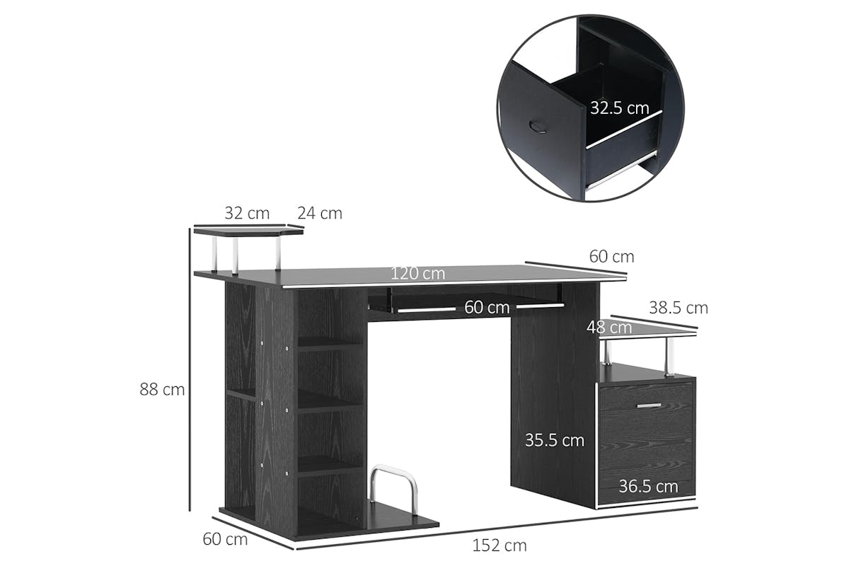 Homcom Office Workstation with Drawer & Shelves | Black-7