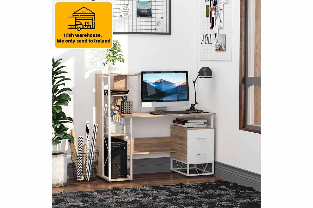 Homcom Computer Desk with Multi-Shelves | Oak/White-2