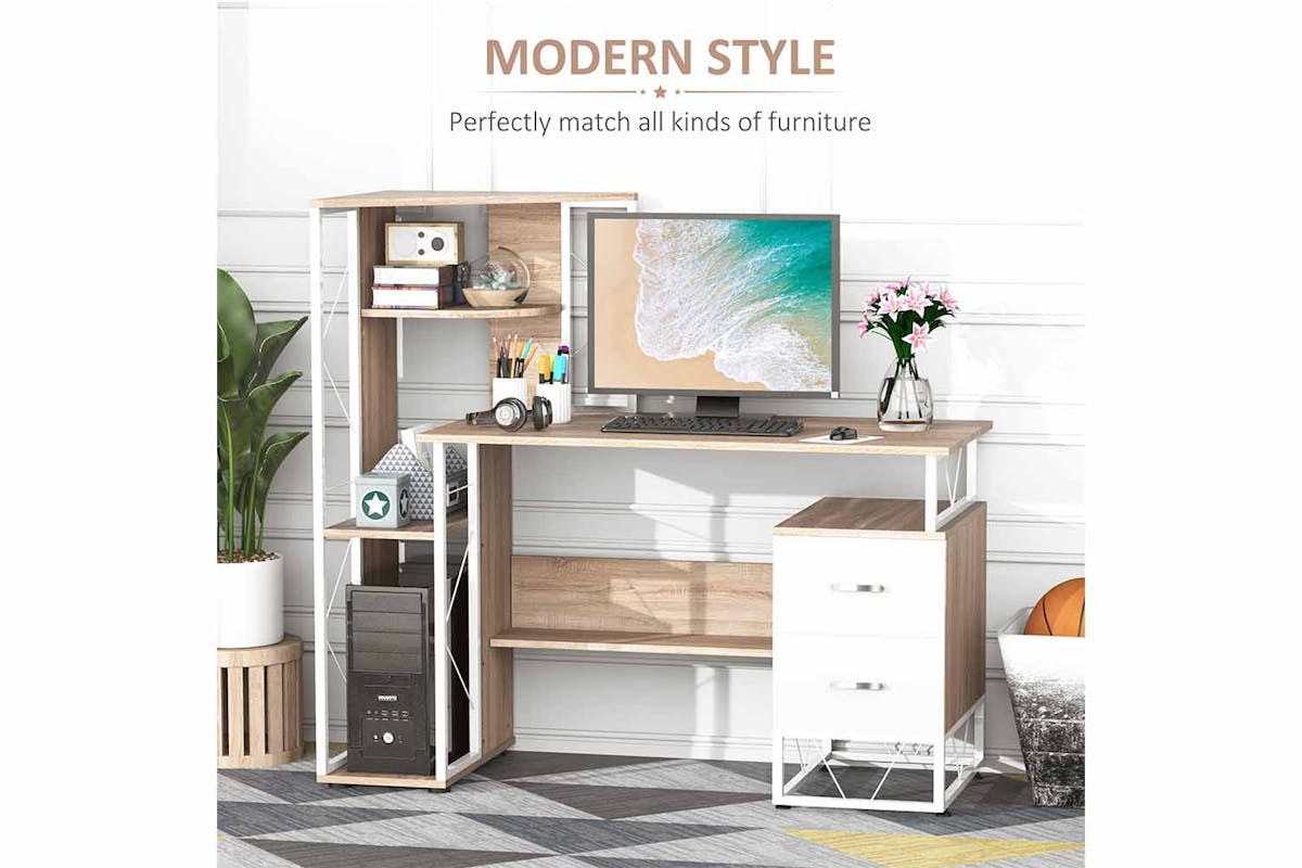 Homcom Computer Desk with Multi-Shelves | Oak/White-6
