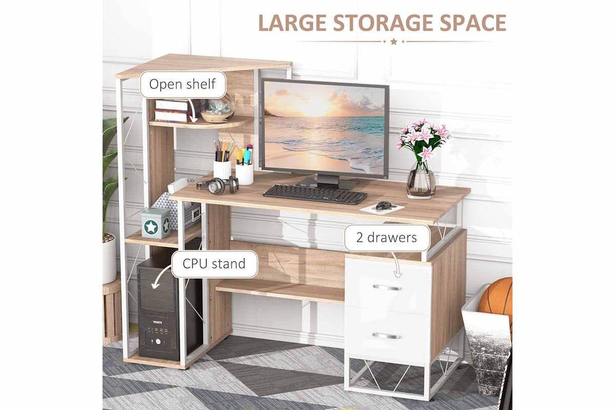 Homcom Computer Desk with Multi-Shelves | Oak/White-5
