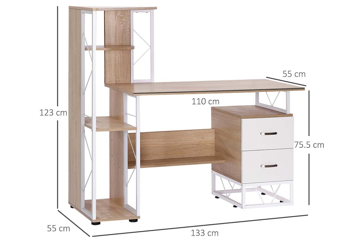 Homcom Computer Desk with Multi-Shelves | Oak/White-7