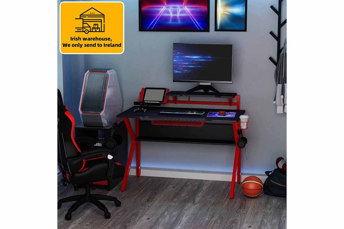 Homcom Small Gaming Desk with Cup Holder | Red/Black-2