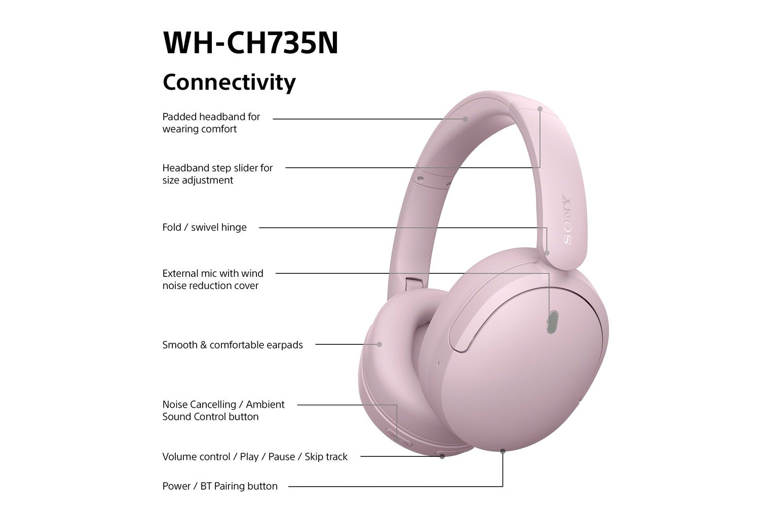 Sony WH-CH735N Wireless Noise Cancelling Headphones | Pink-9