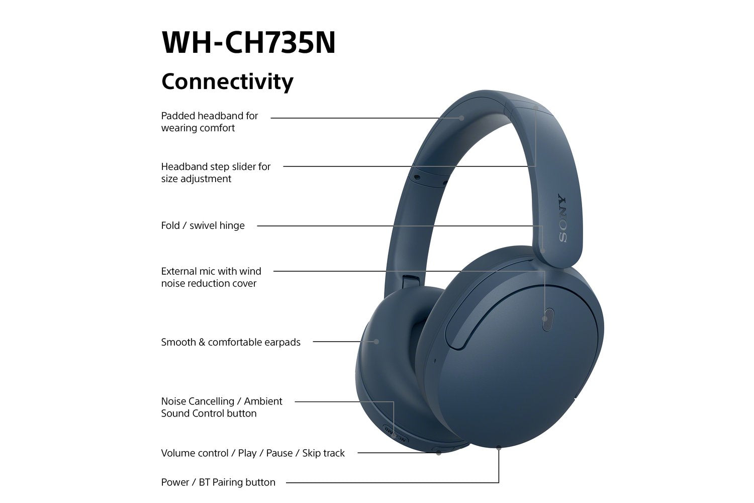 Sony WH-CH735N Wireless Noise Cancelling Headphones | Blue-9