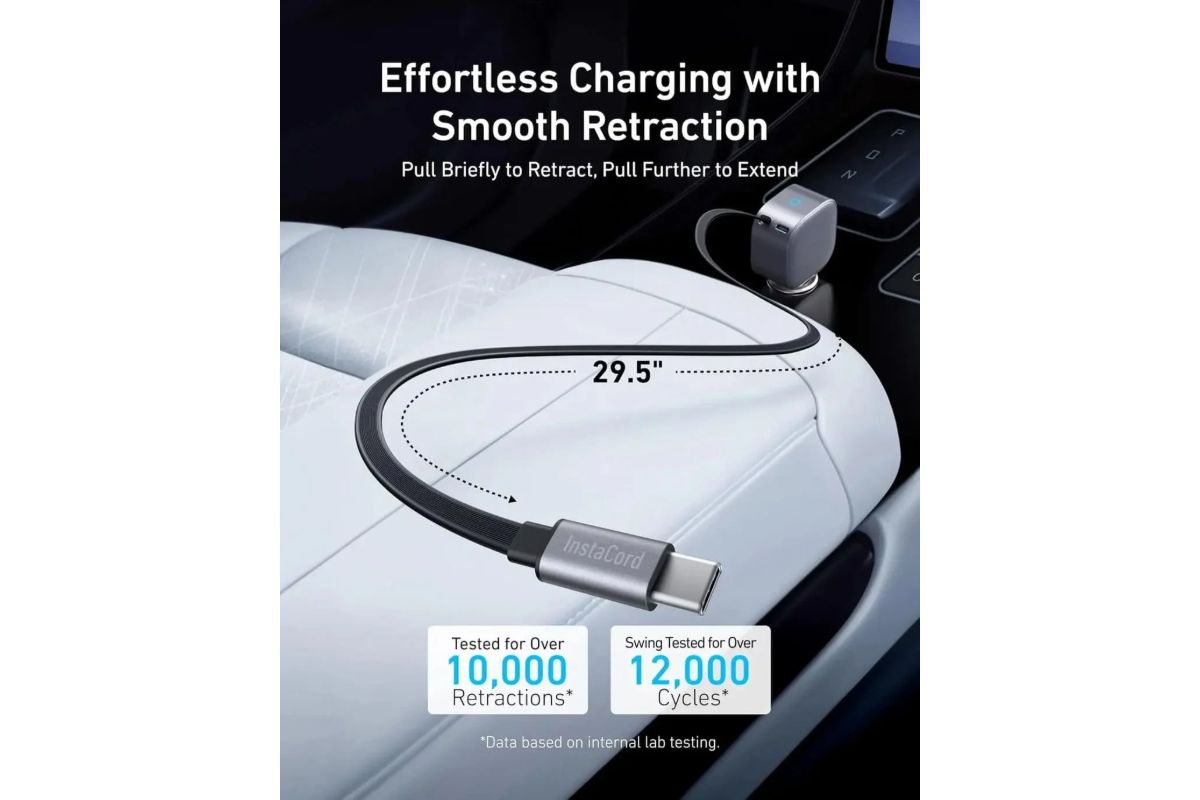 Anker USB-C 75W Max Car Charger with Built-In Retractable Cable | Silver-3