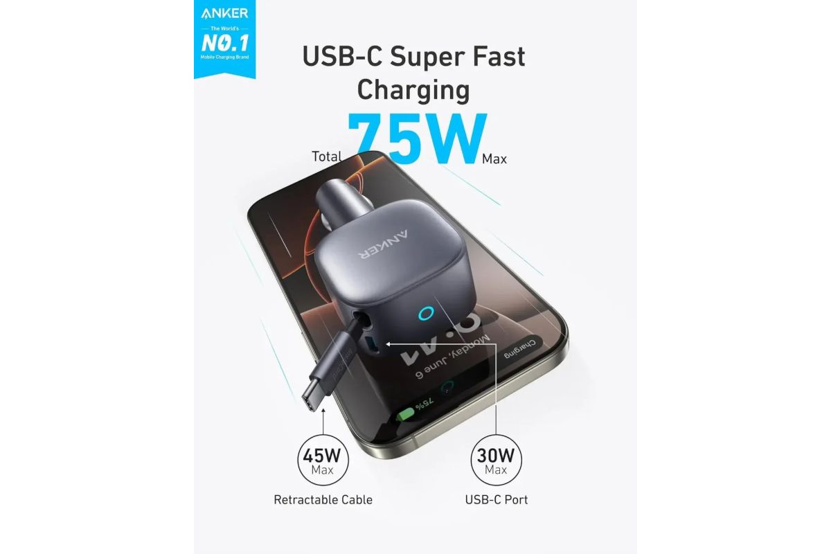 Anker USB-C 75W Max Car Charger with Built-In Retractable Cable | Silver-4