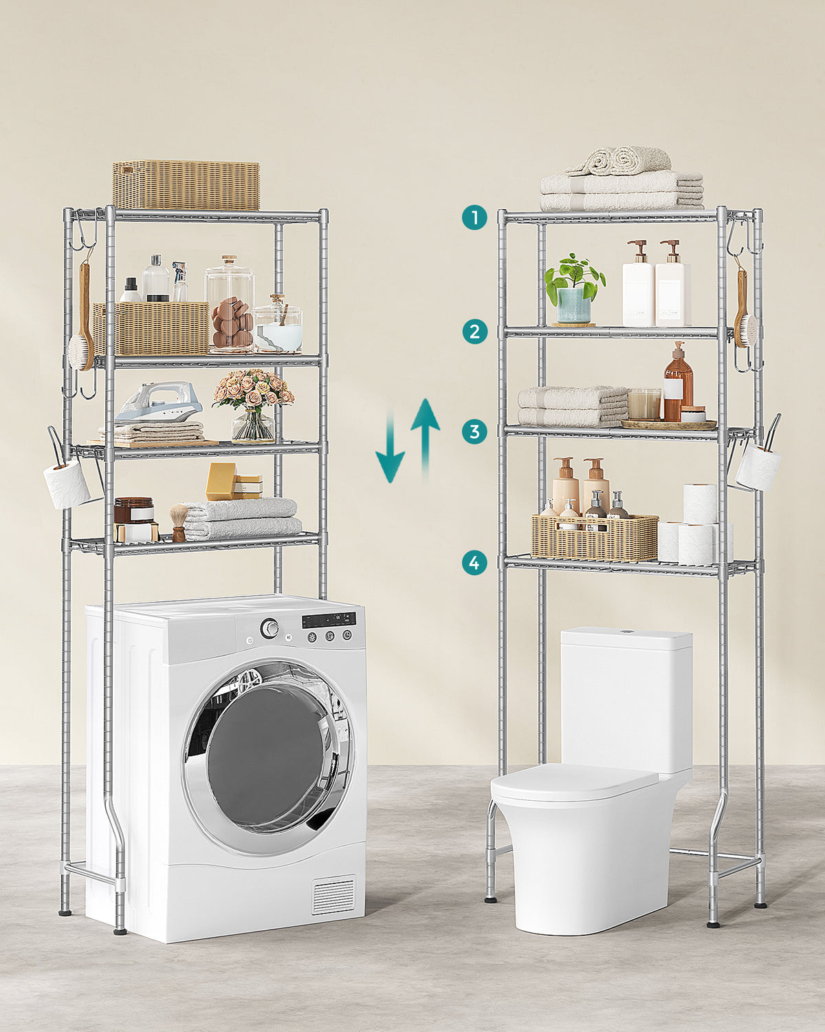 4 Tier Over The Toilet Storage Rack | Bathroom Storage Shelf | Steel | 30 X 63 X 176 Cm-4