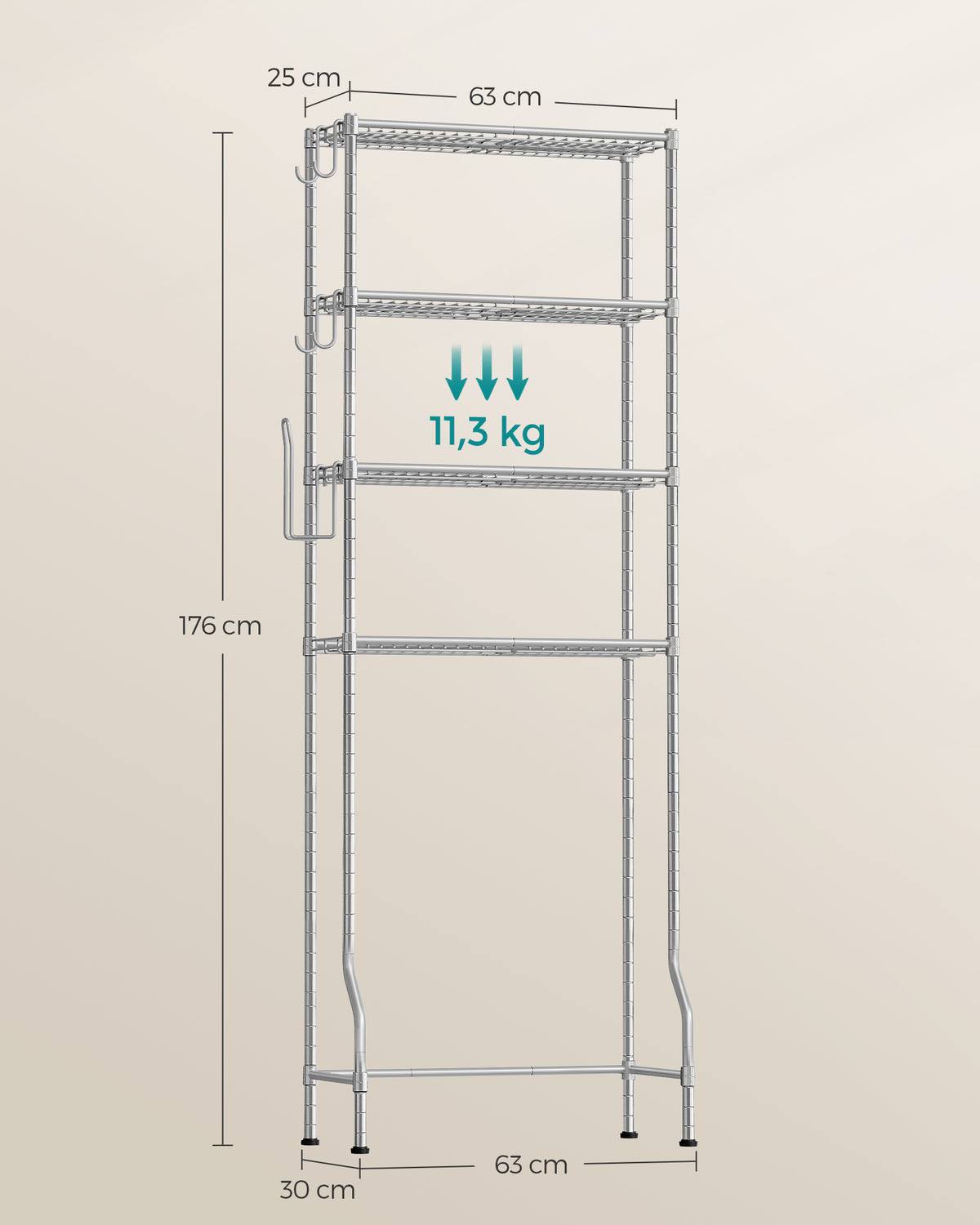 4 Tier Over The Toilet Storage Rack | Bathroom Storage Shelf | Steel | 30 X 63 X 176 Cm-5