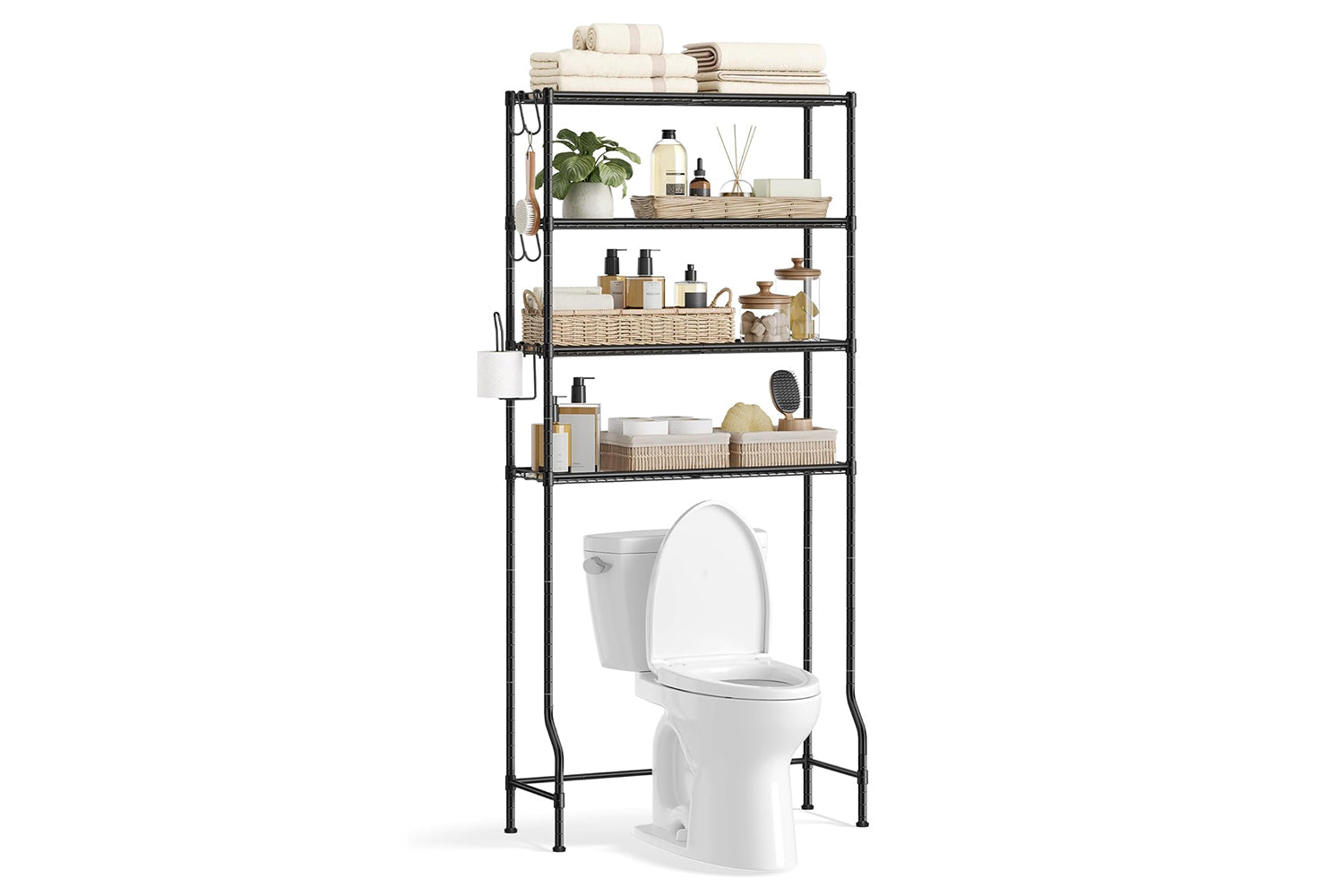 Songmics 4 Tier Over The Toilet Storage, Metal Storage Rack, Adjustable Shelves, 4 Hooks, Roll Holder, Space-saving Bathroom Storage Shelf Organizer,30 X 83 X 176 Cm Black Bts023b01