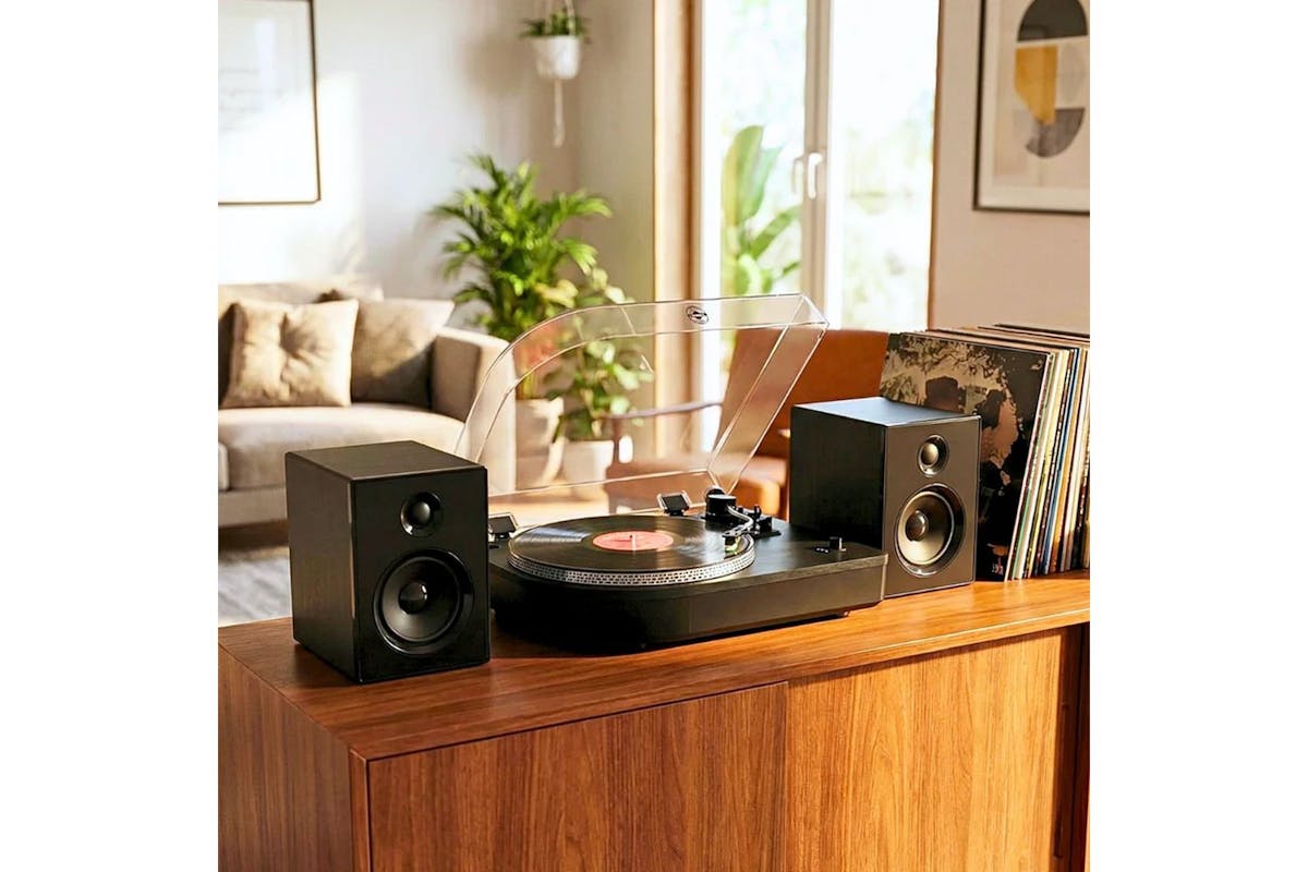 Steepletone Black 3sp Turntable With Speakers