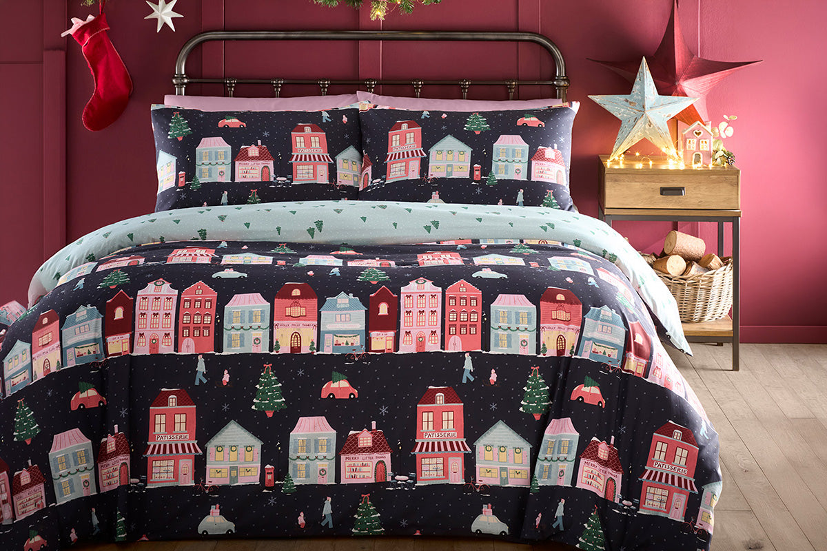 Fusion | Christmas Houses Duvet Cover Set | Navy | King