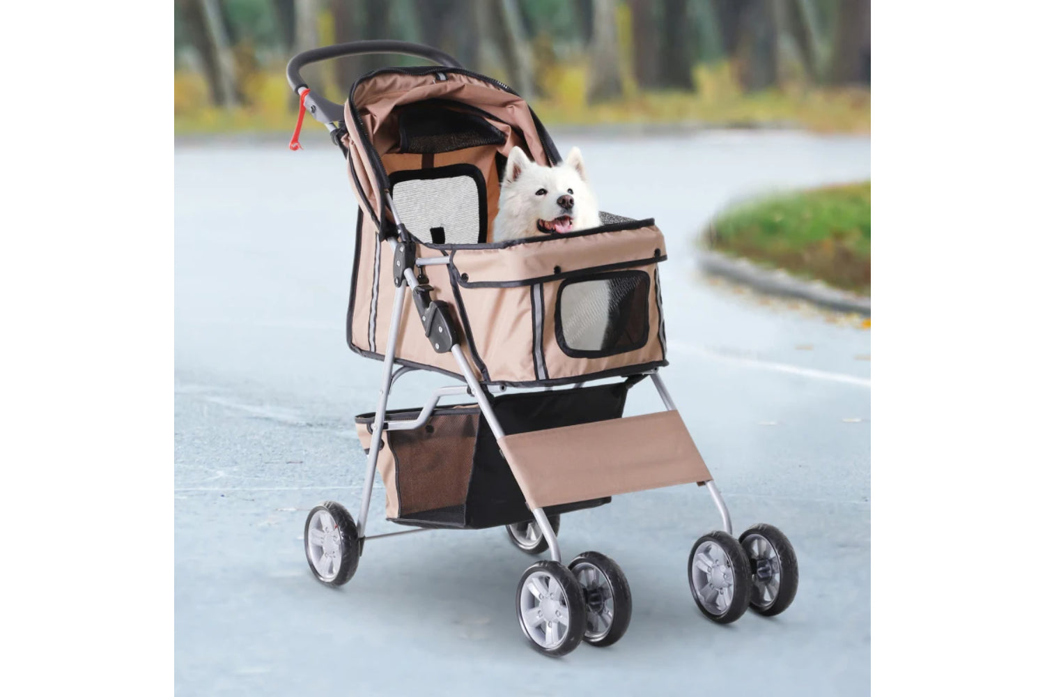 PawHut Foldable Cat Stroller Pram Pushchair | Brown/Silver-6