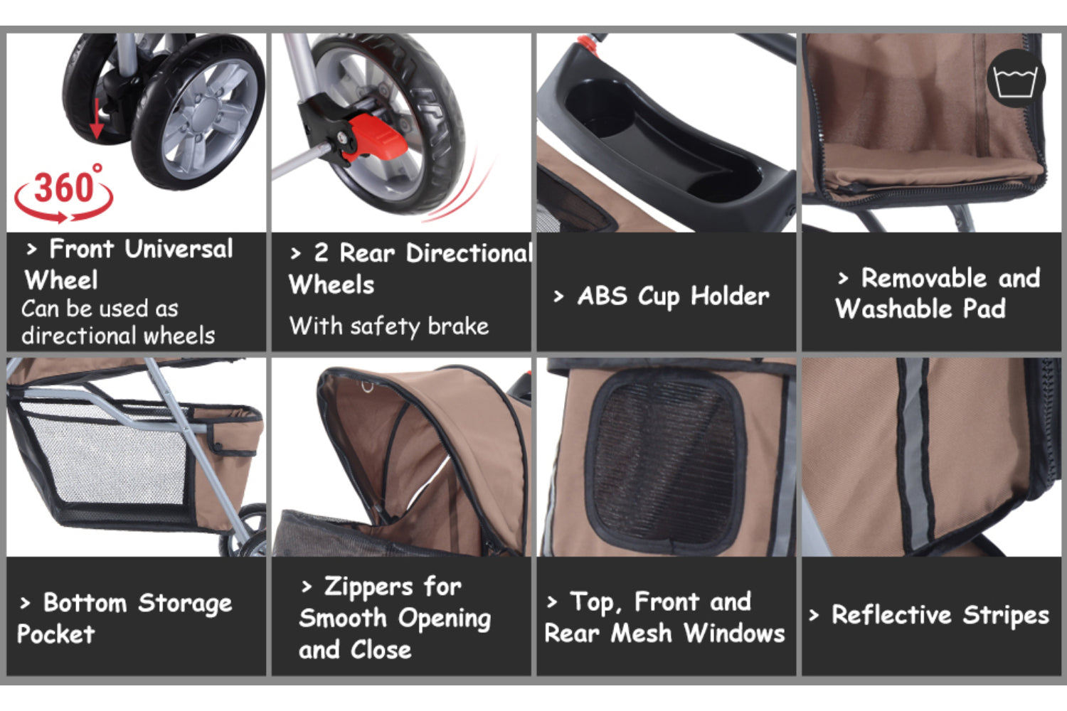 PawHut Foldable Cat Stroller Pram Pushchair | Brown/Silver-7