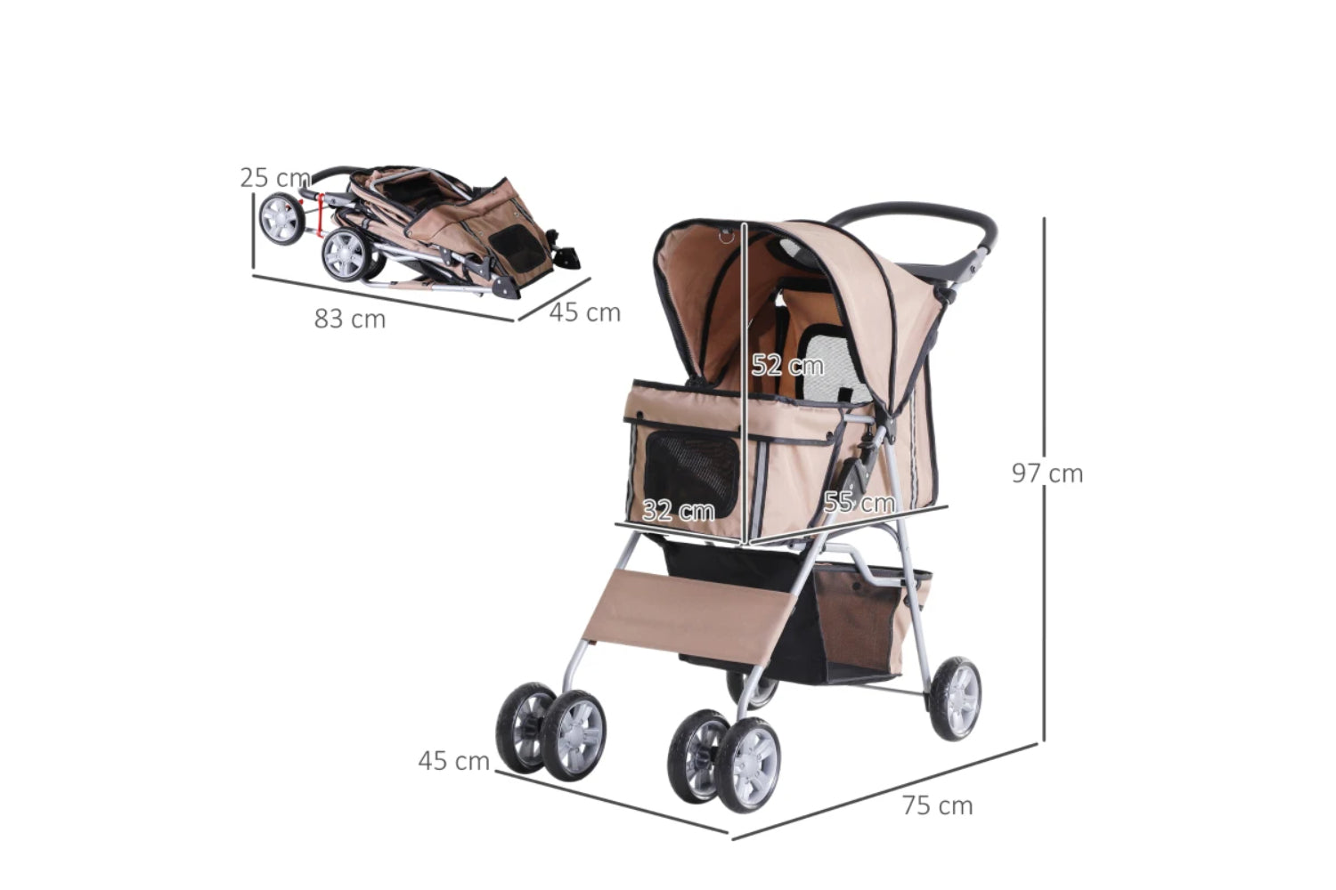 PawHut Foldable Cat Stroller Pram Pushchair | Brown/Silver-8