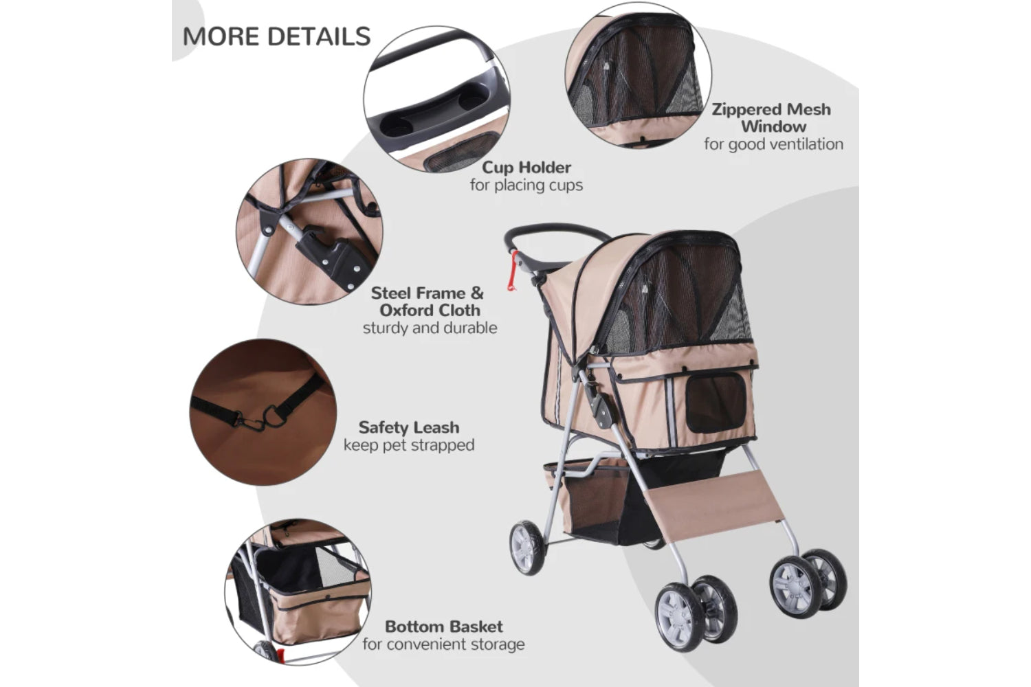 PawHut Foldable Cat Stroller Pram Pushchair | Brown/Silver-2
