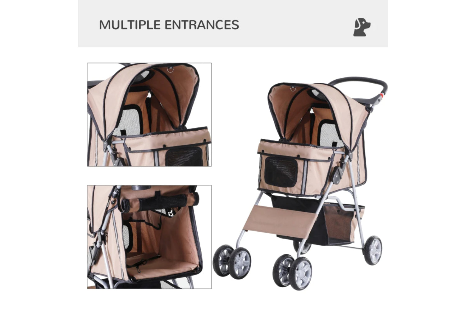 PawHut Foldable Cat Stroller Pram Pushchair | Brown/Silver-4