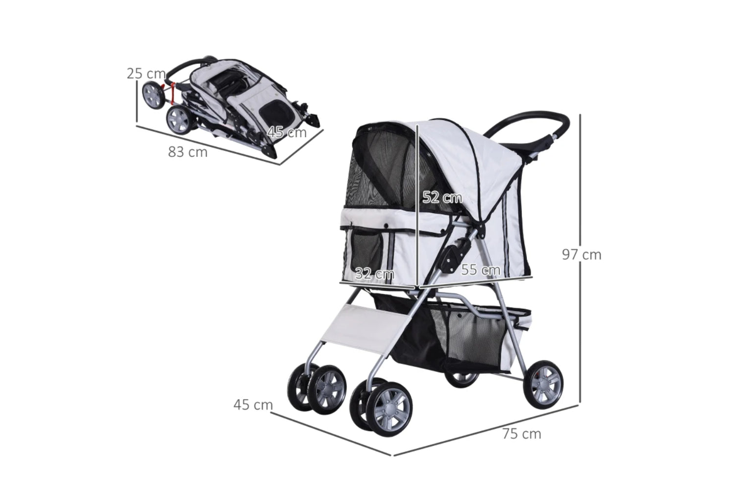 PawHut Foldable Cat Pushchair | Grey/Silver-7