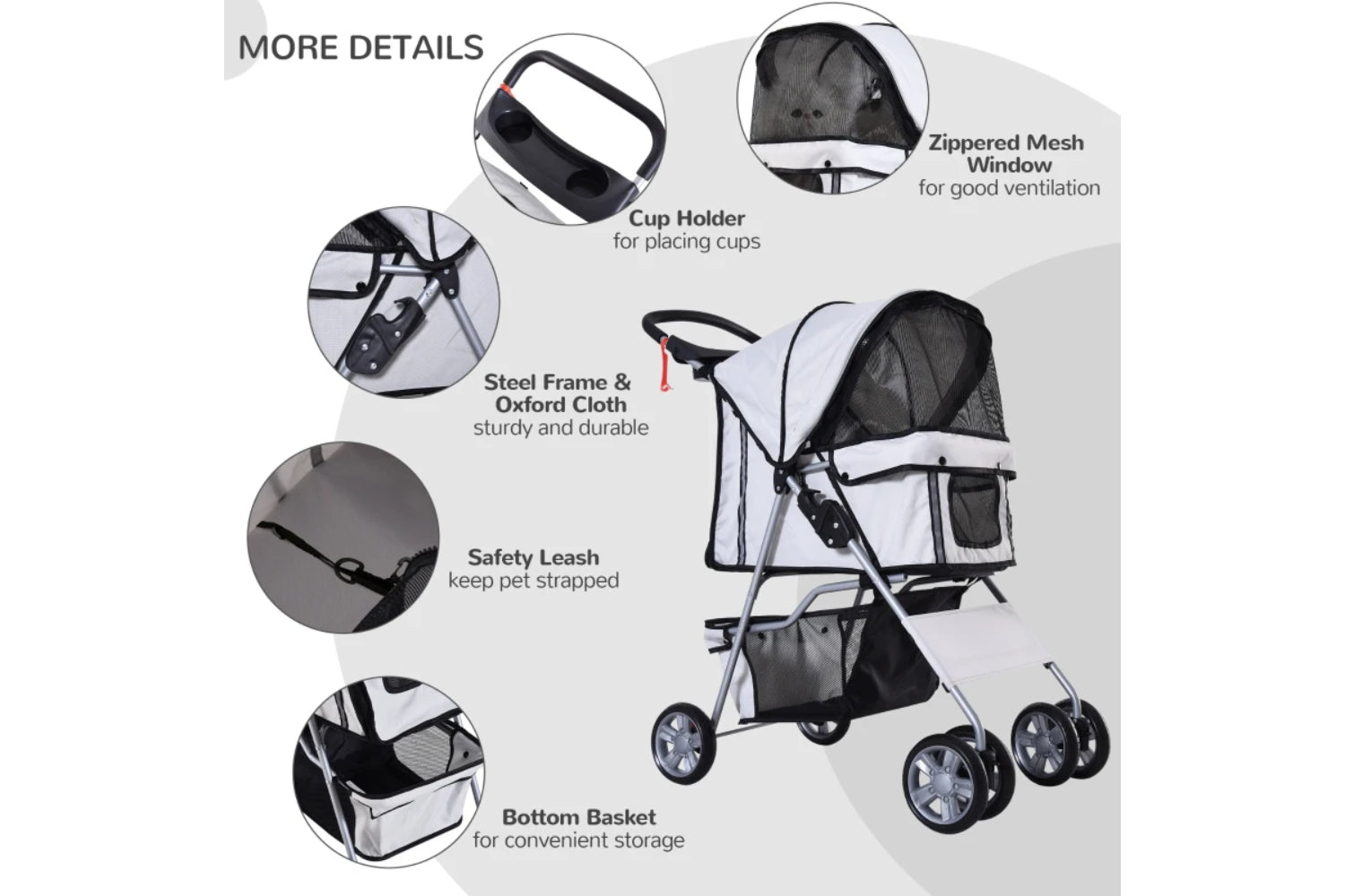 PawHut Foldable Cat Pushchair | Grey/Silver-2