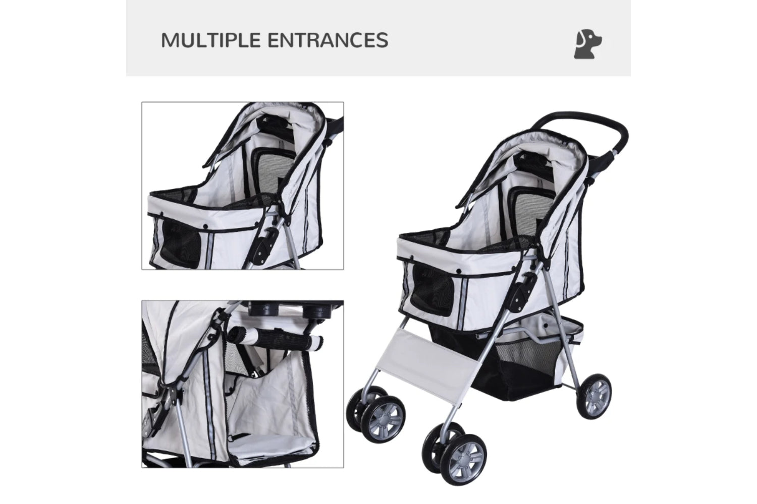 PawHut Foldable Cat Pushchair | Grey/Silver-4