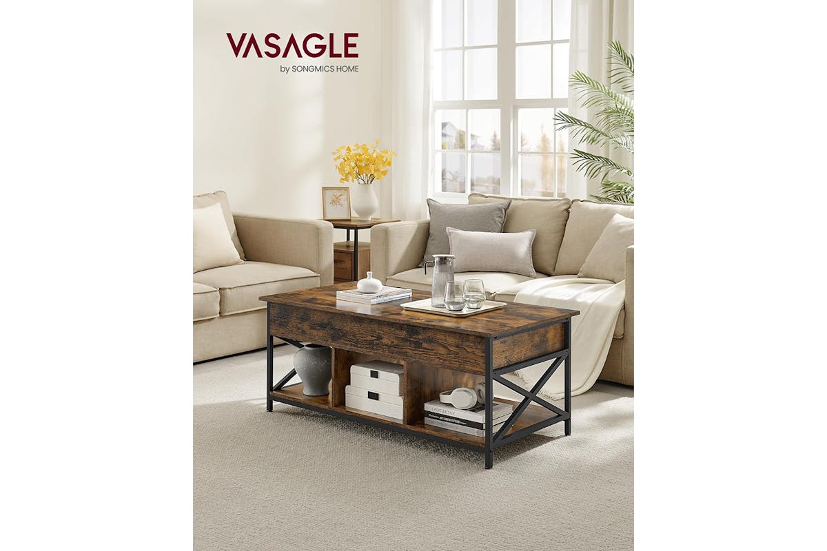 Vasagle Coffee Table with Open and Hidden Storage | Rustic Brown/Black-2