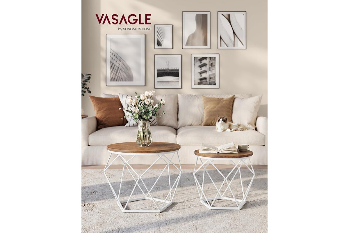 Vasagle Round Coffee Table | Set of 2 | Honey Brown/Cloud White-2
