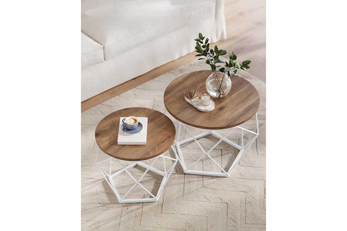 Vasagle Round Coffee Table | Set of 2 | Honey Brown/Cloud White-5