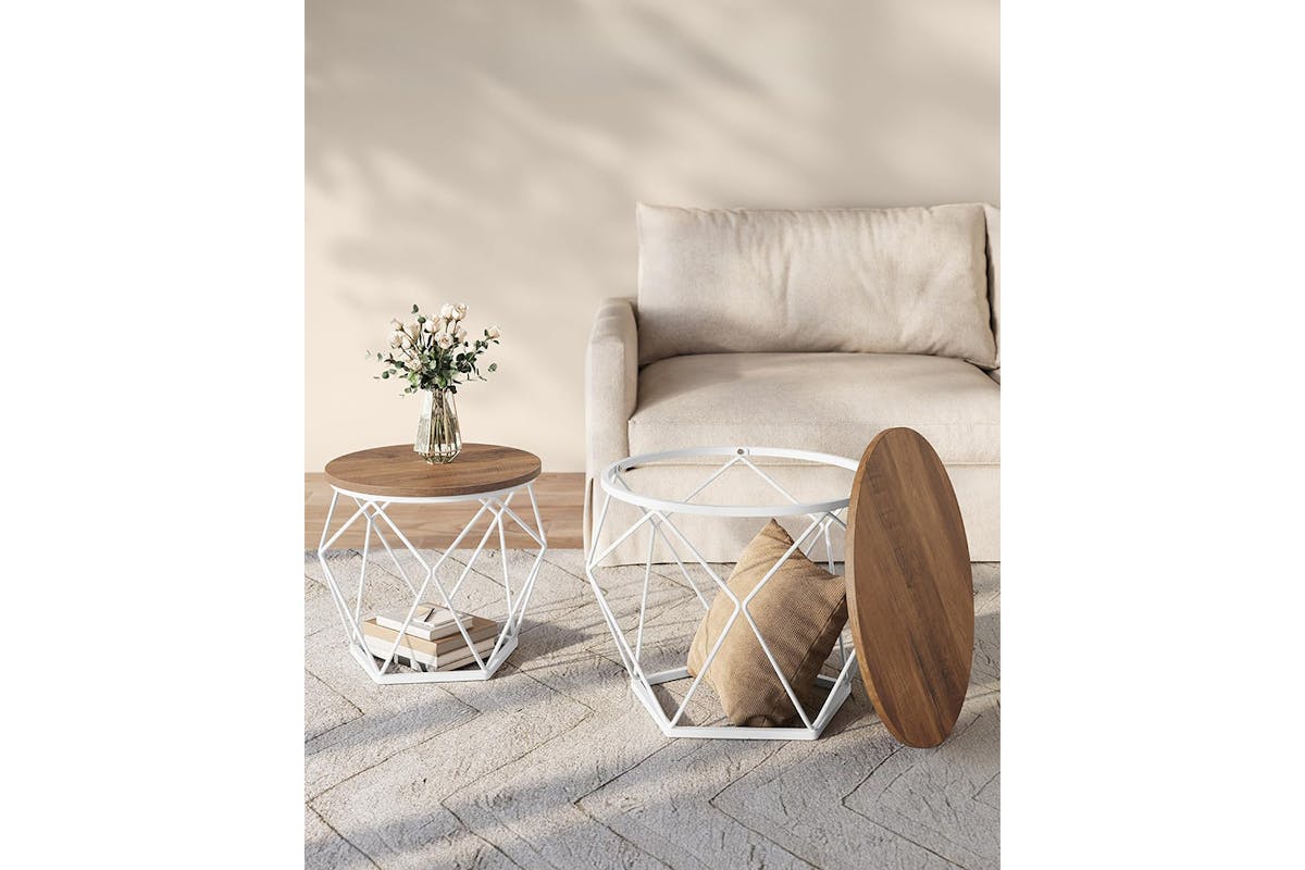 Vasagle Round Coffee Table | Set of 2 | Honey Brown/Cloud White-6