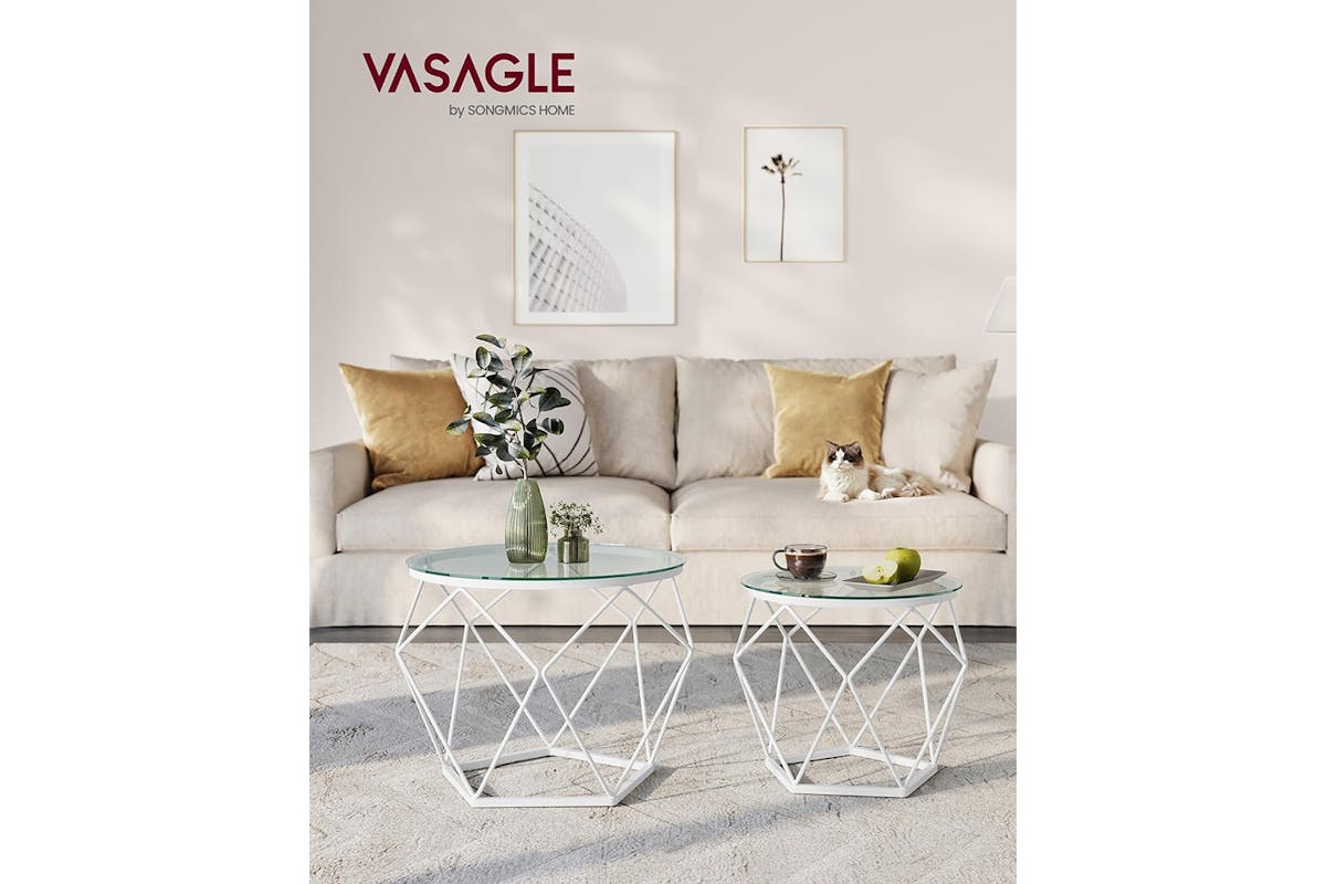 Vasagle Round Coffee Table | Set of 2 | Transparent/Cloud White-2