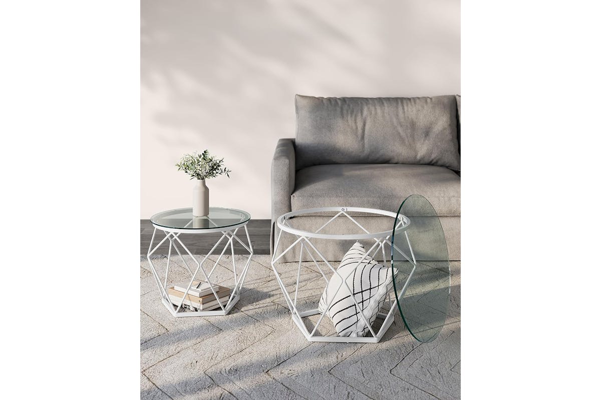 Vasagle Round Coffee Table | Set of 2 | Transparent/Cloud White-6