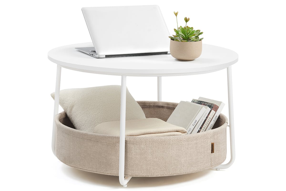 Vasagle Round Coffee Table with Storage | Matte White/Camel Brown-3
