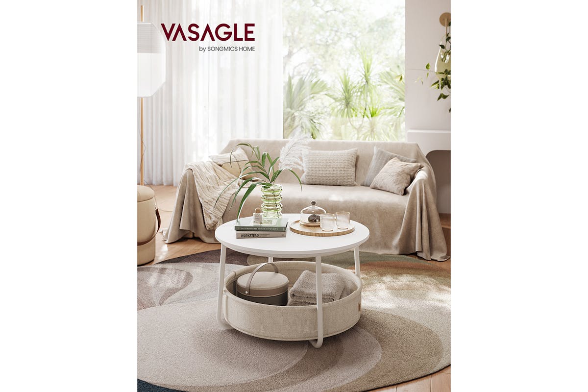 Vasagle Round Coffee Table with Storage | Matte White/Camel Brown-2