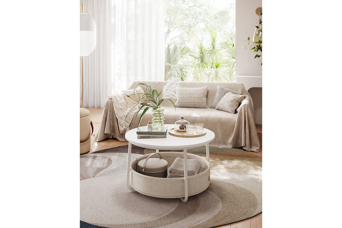 Vasagle Round Coffee Table with Storage | Matte White/Camel Brown-4