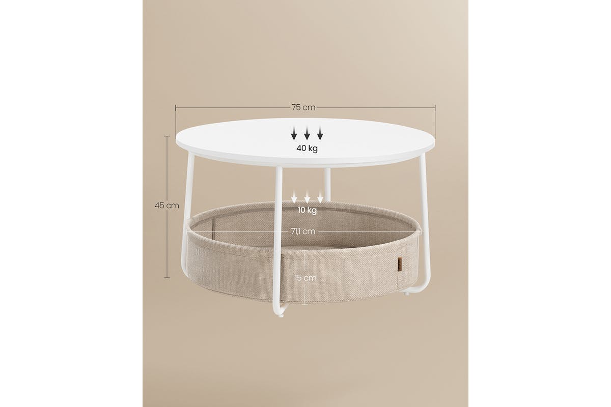 Vasagle Round Coffee Table with Storage | Matte White/Camel Brown-7