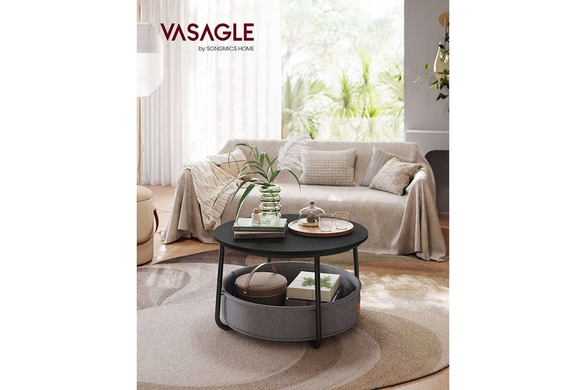 Vasagle Round Coffee Table with Fabric Basket | Ink Black/Slate Gray-2