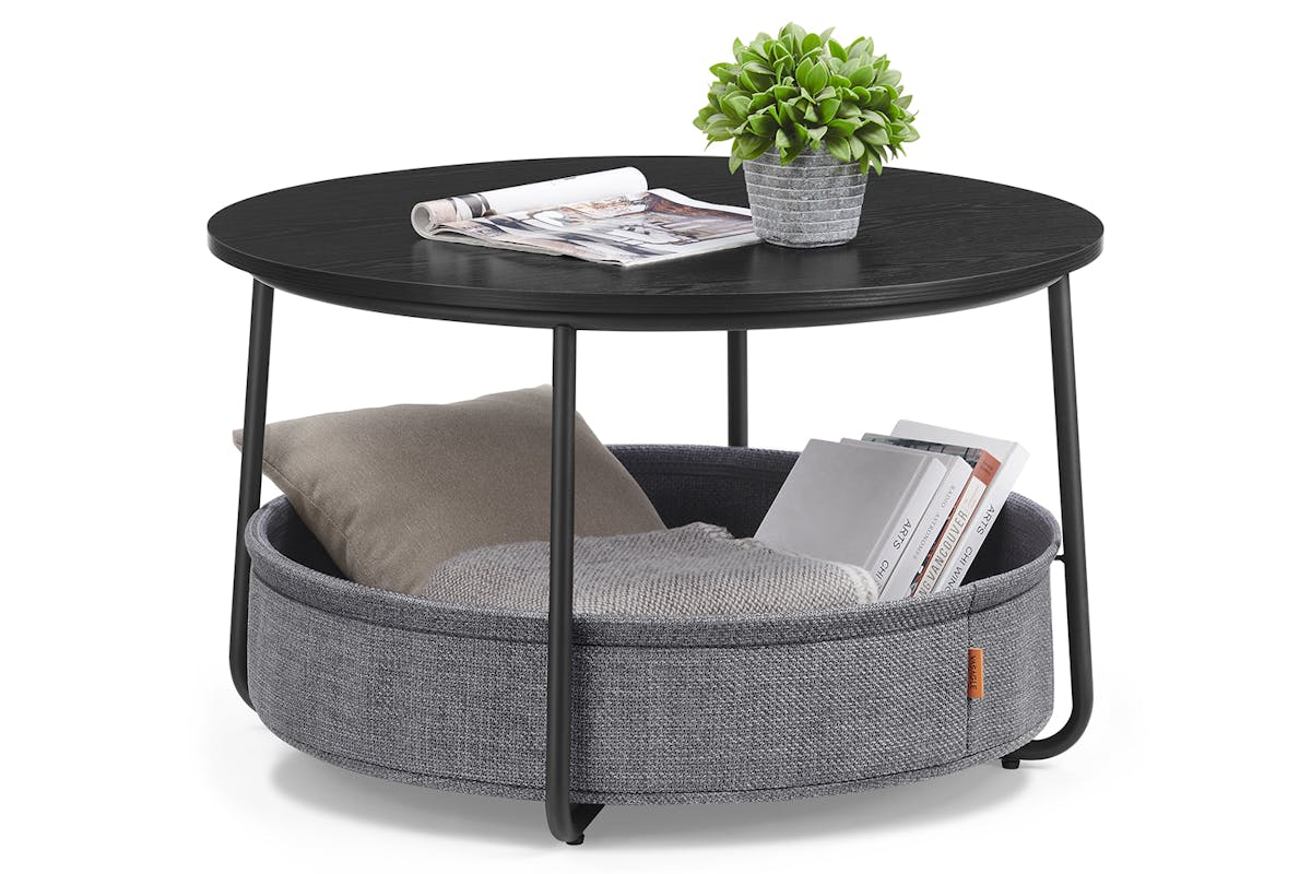 Vasagle Round Coffee Table with Fabric Basket | Ink Black/Slate Gray-3