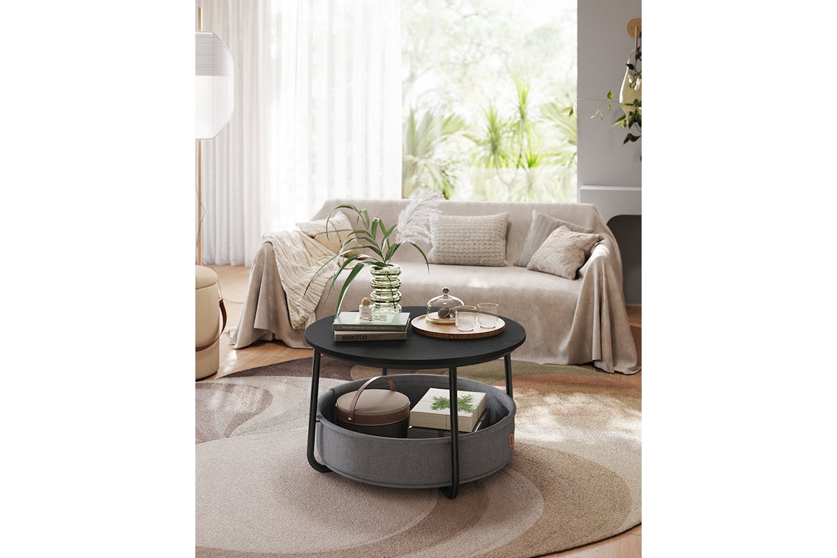 Vasagle Round Coffee Table with Fabric Basket | Ink Black/Slate Gray-4
