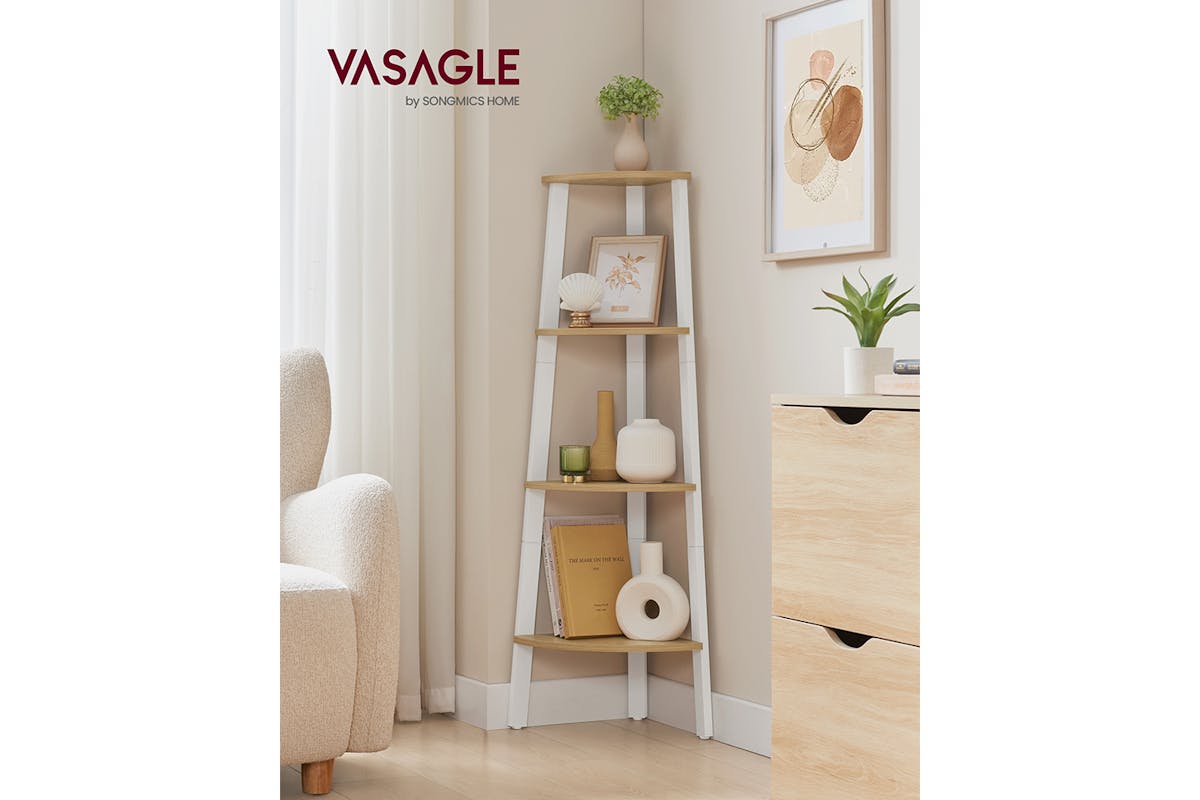 Vasagle Corner Ladder Shelves | 4 Shelves | Natural/White-2