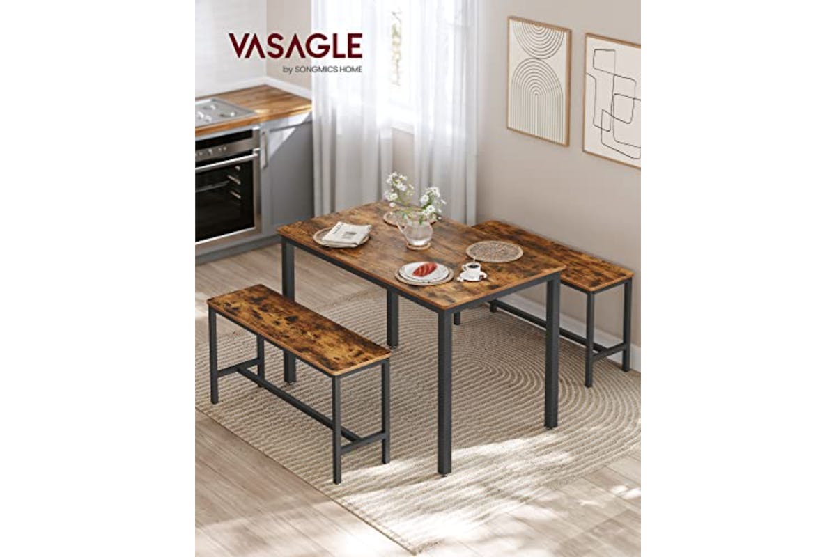Vasagle Dining Set | Table & 2 Benches | Vintage Brown/Black-3