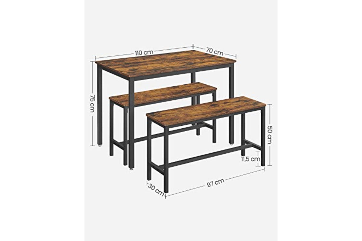 Vasagle Dining Set | Table & 2 Benches | Vintage Brown/Black-7