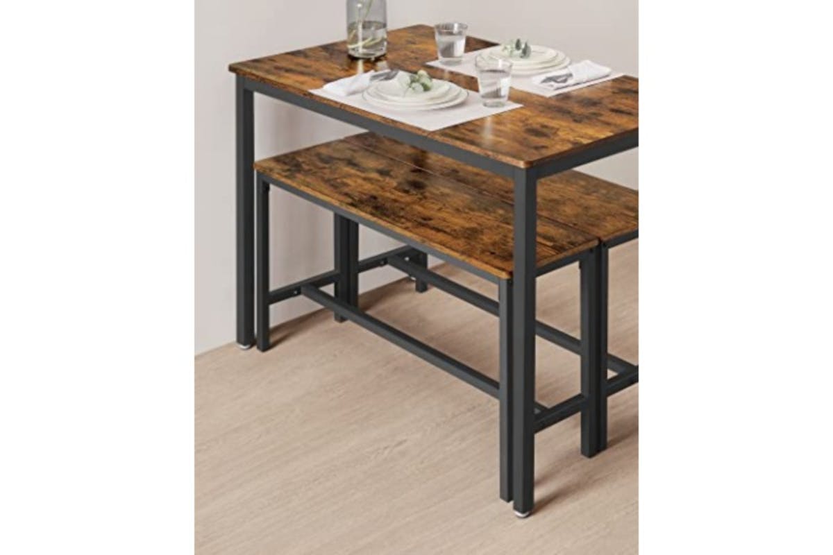 Vasagle Dining Set | Table & 2 Benches | Vintage Brown/Black-4