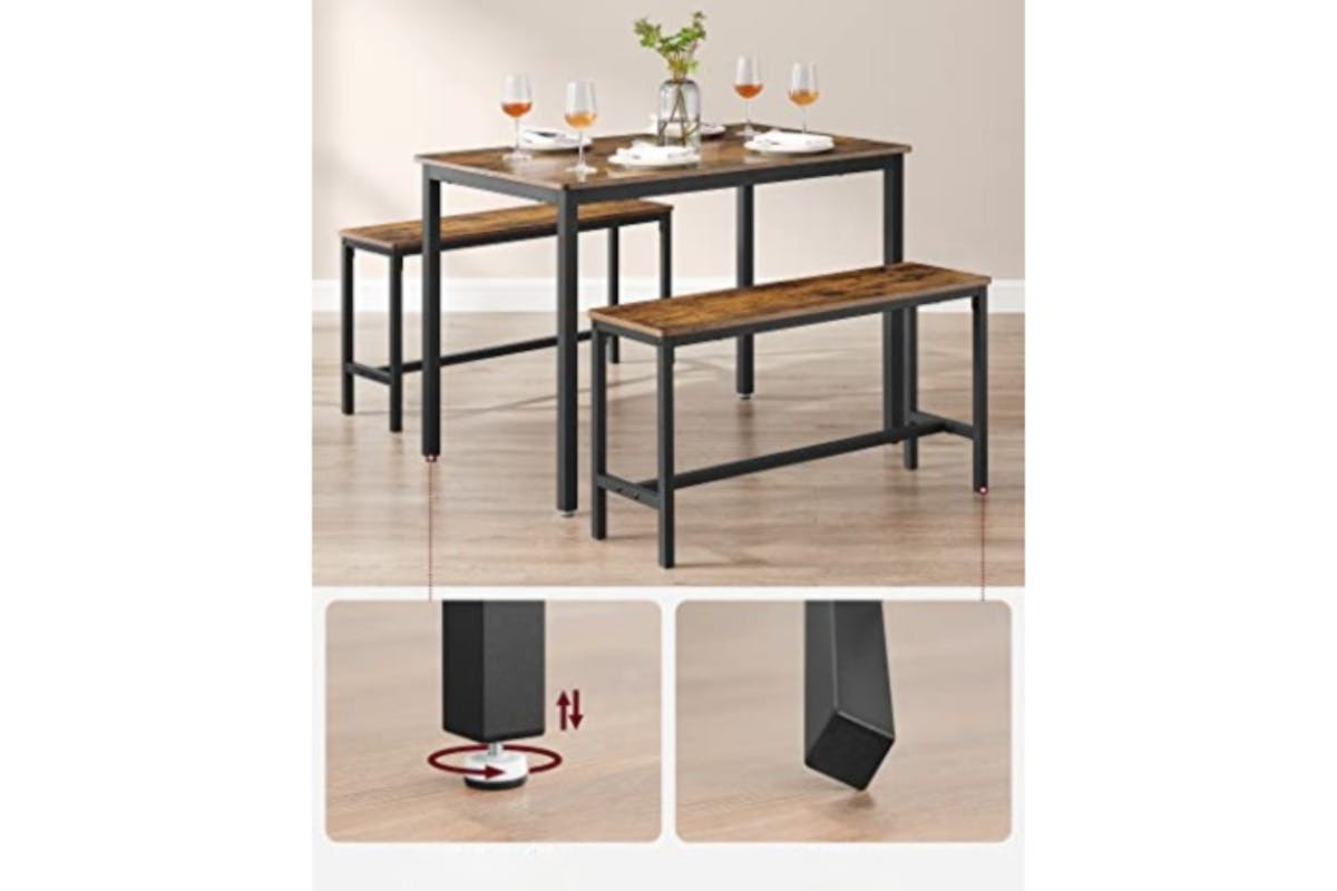 Vasagle Dining Set | Table & 2 Benches | Vintage Brown/Black-5