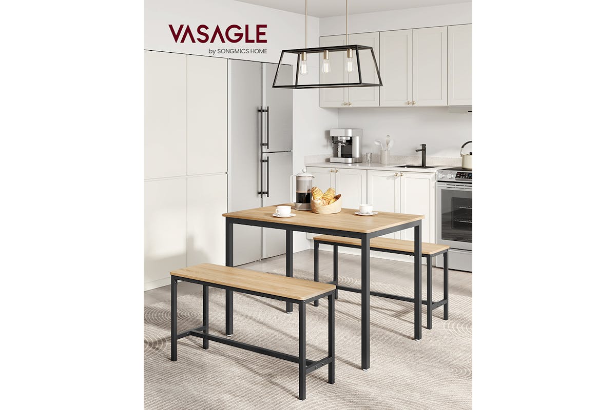 Vasagle Dining Set | Table & 2 Benches | Golden Oak/Ink Black-3