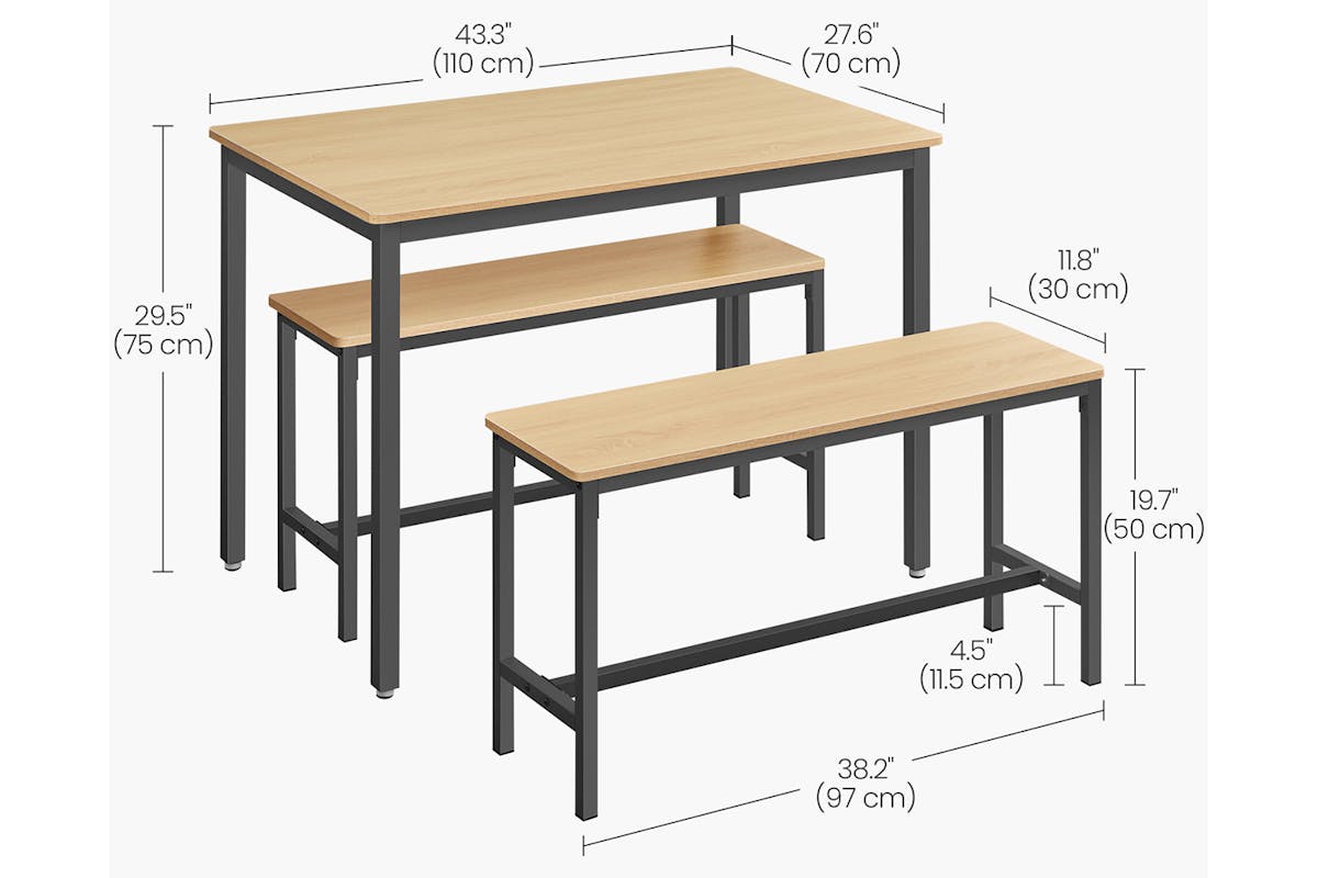 Vasagle Dining Set | Table & 2 Benches | Golden Oak/Ink Black-7