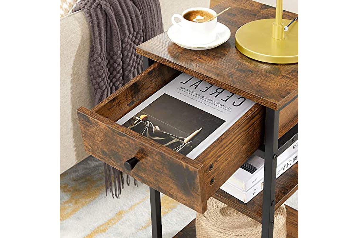 Vasagle Beside Table with Drawer and 2 Storage Shelves | Rustic Brown/Black-3