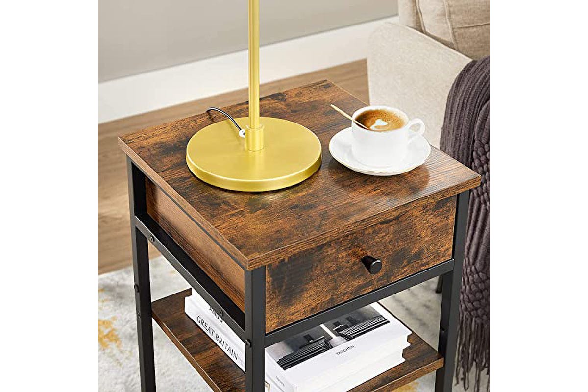 Vasagle Beside Table with Drawer and 2 Storage Shelves | Rustic Brown/Black-4