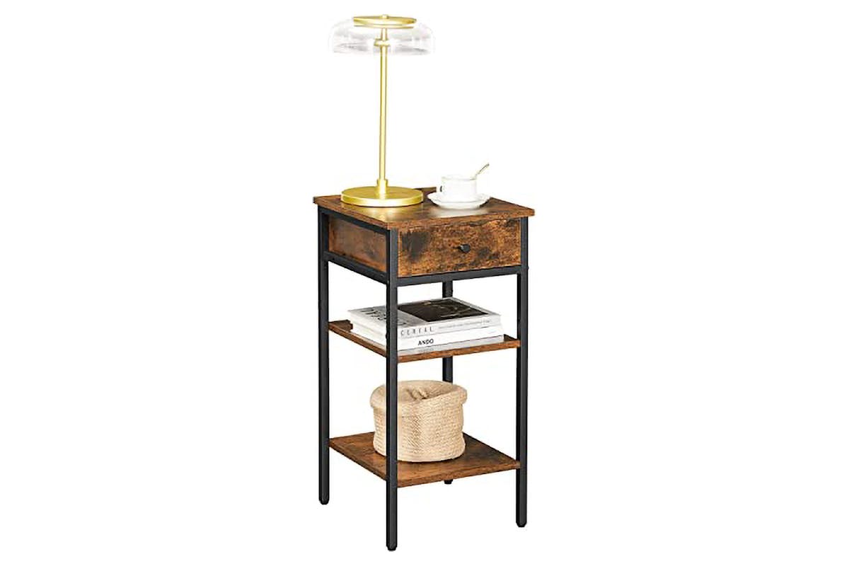 Vasagle Beside Table with Drawer and 2 Storage Shelves | Rustic Brown/Black-7