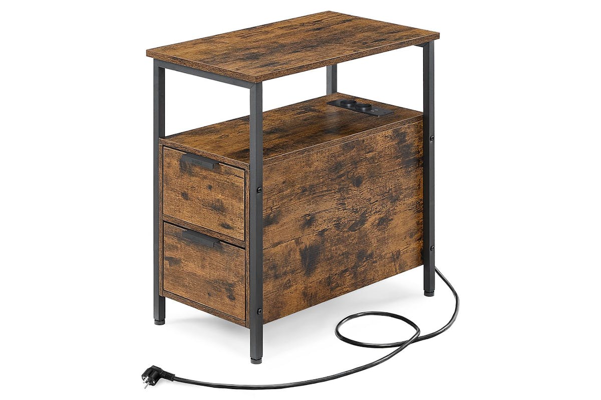 Vasagle Side Table with Power Strip | Vintage Brown/Classic Black