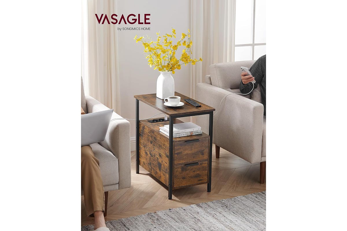 Vasagle Side Table with Power Strip | Vintage Brown/Classic Black-2