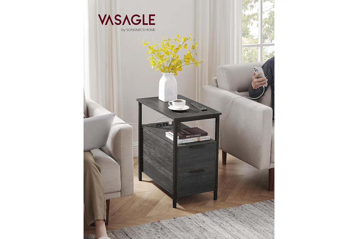 Vasagle Side Table with Power Strip | Anthracite Gray/Classic Black-2