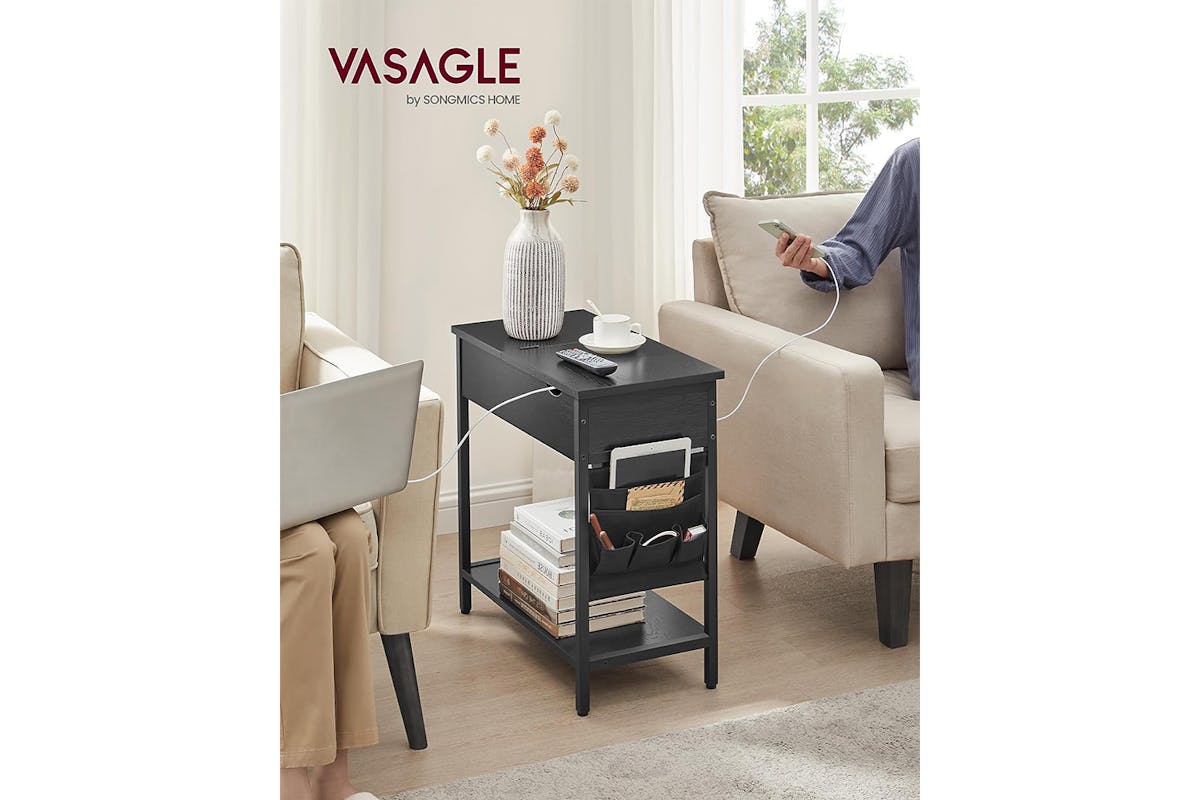 Vasagle Side Table with Socket Slim | Black Wood-2